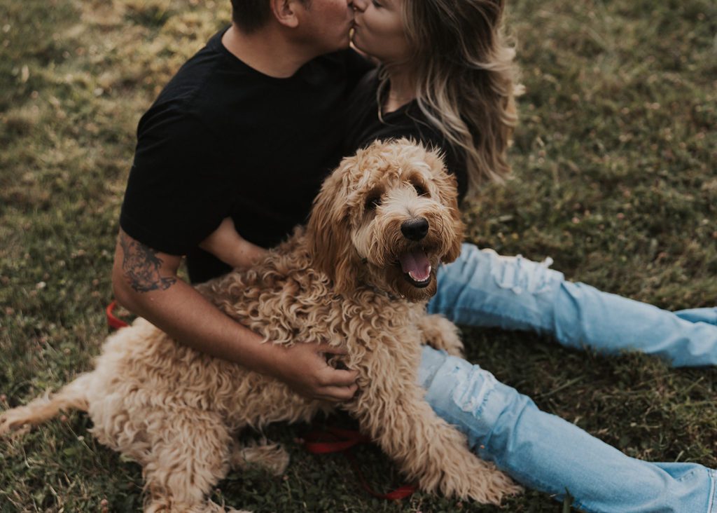 golden doodle smiling at the camera with his parents blurred in the background kissing during their engagement session